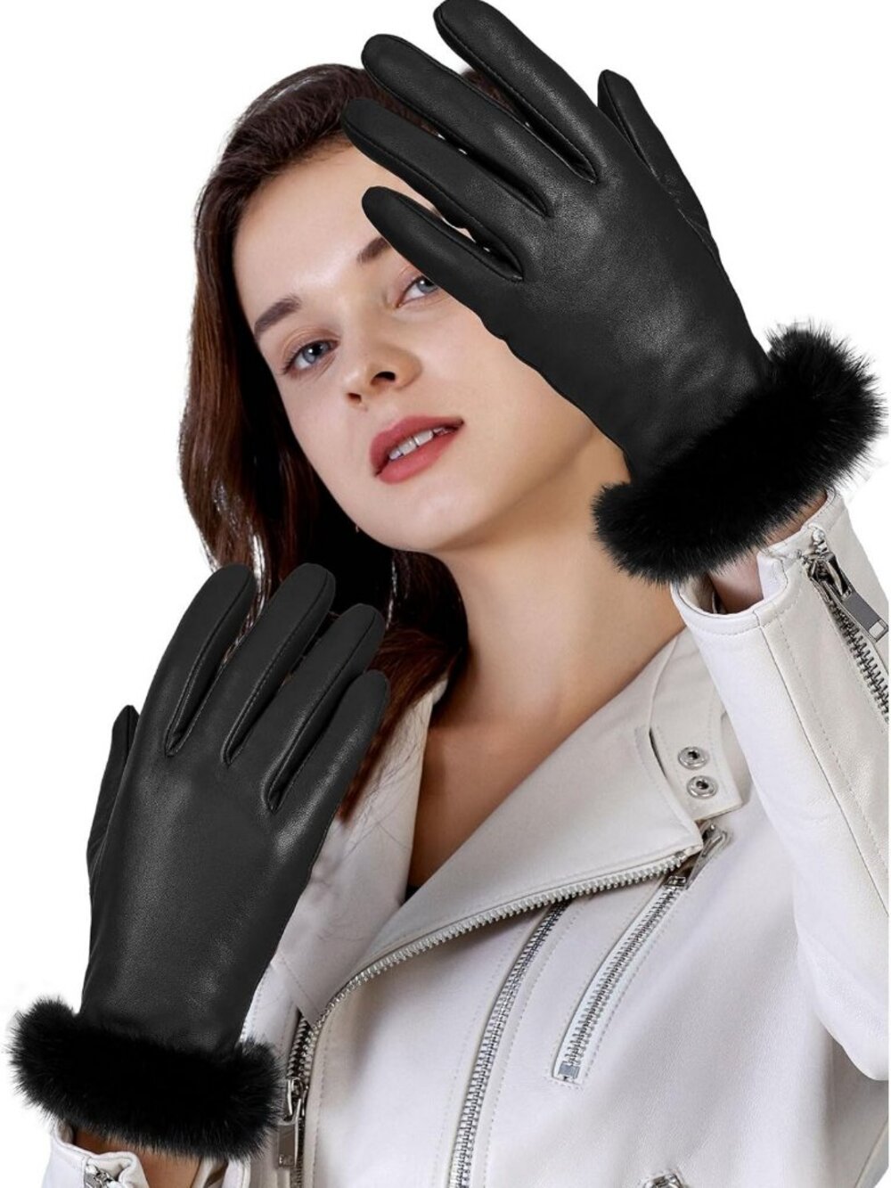 Warm Touchscreen Leather Gloves with Fur Cuff | Cashmere Lined Winter Driving